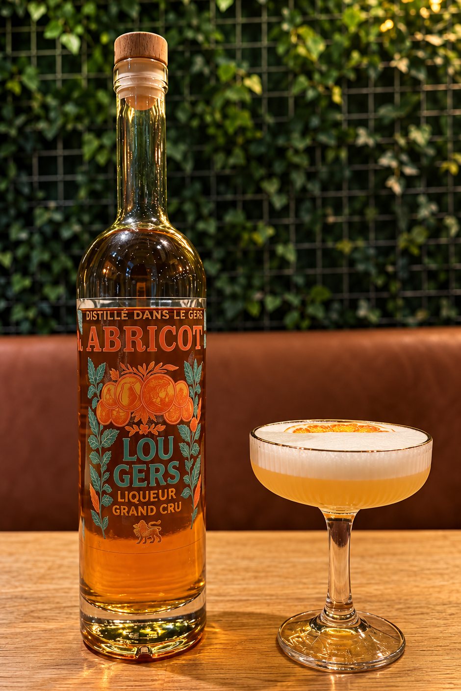 L’Abricot Sour, cocktail signature Lou Gers, servi en coupe à côté d’une bouteille de Lou Gers Abricot