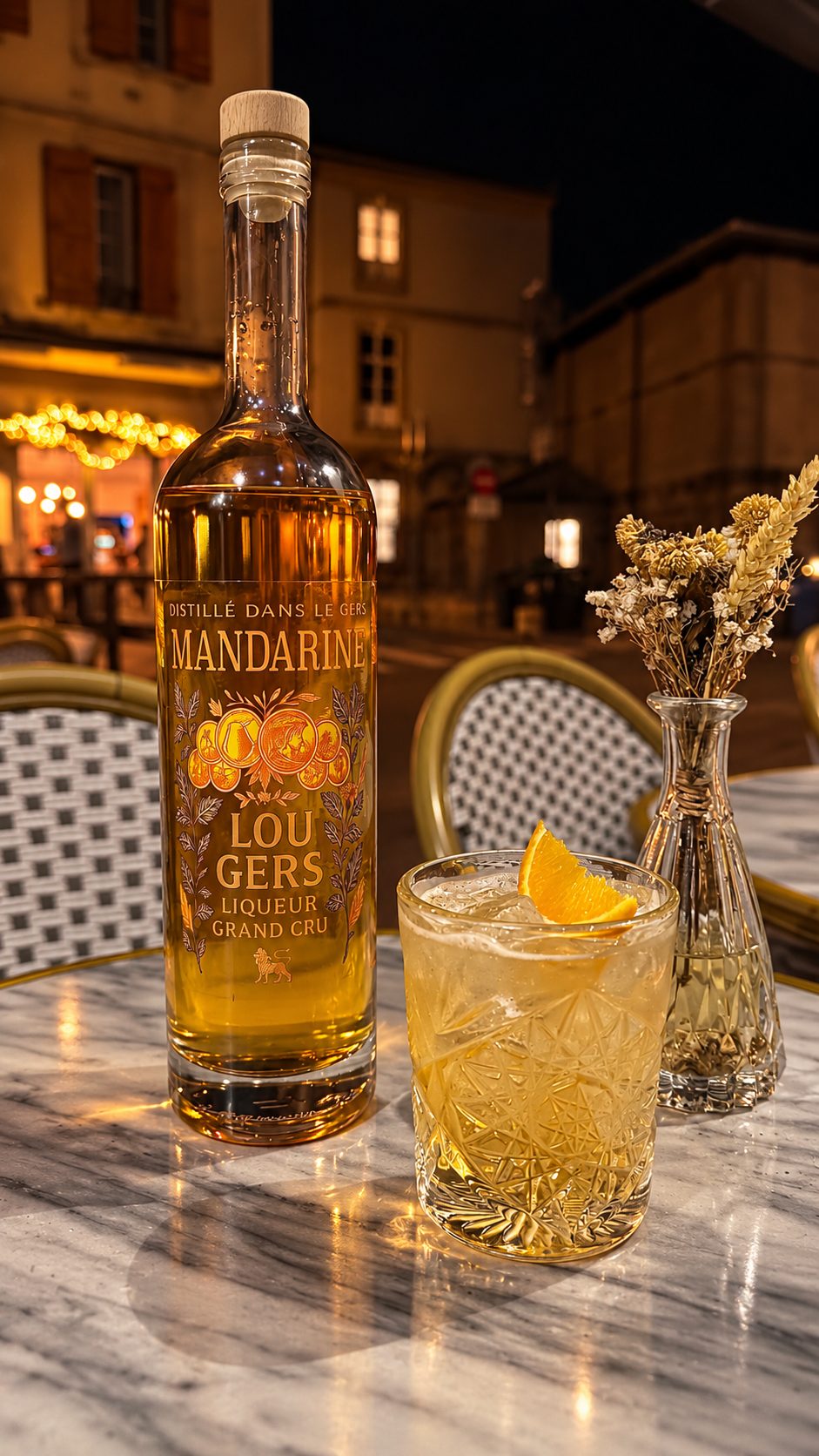 Bouteille Lou Gers Mandarine et cocktail sur une table en terrasse