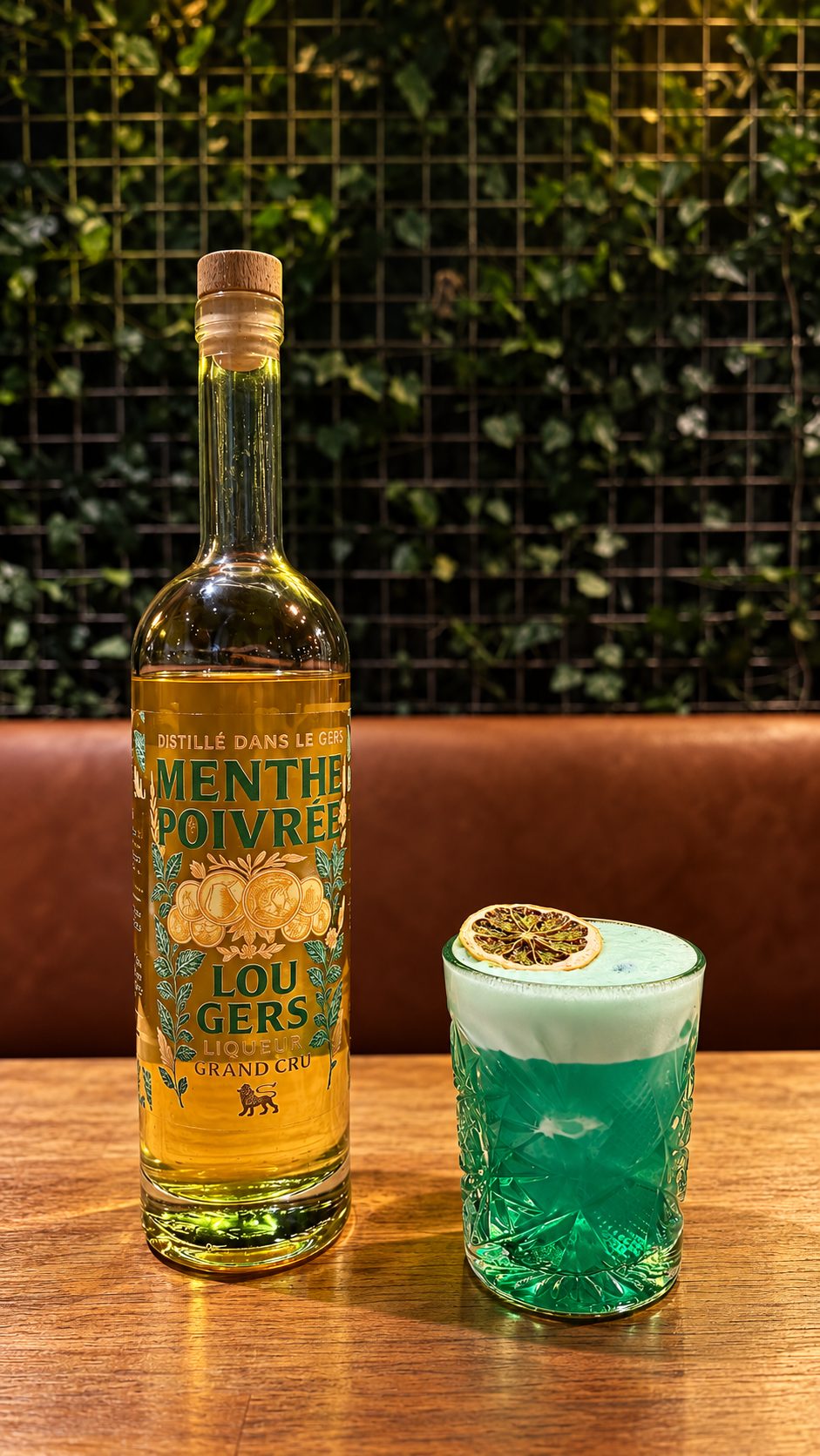 Bouteille Lou Gers Menthe Poivrée et cocktail servi en verre ciselé