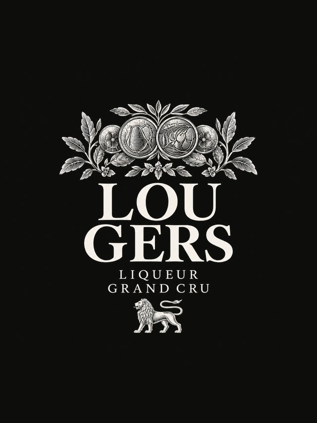 Logo Lou Gers, liqueur grand cru : illustrations botaniques et lion