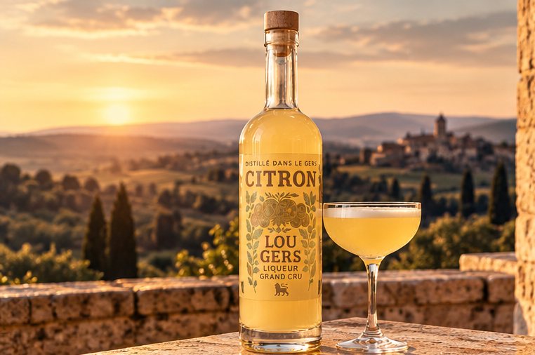 Lou Gers Citron et son cocktail au soleil couchant, face à la campagne